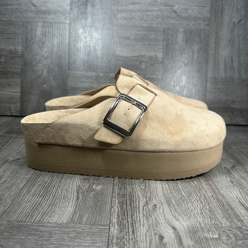 Madden Girl Clogs Women 10 Tan Platform Faux Suede Buckle Mule NEW